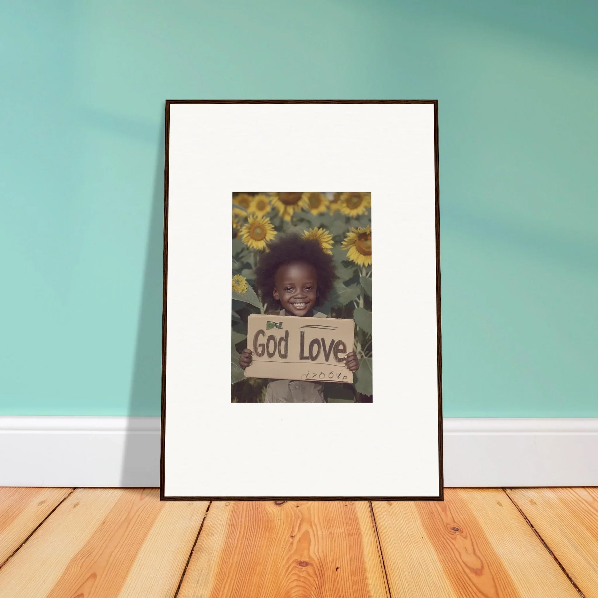 Framed wall art of child with God Love sign amid sunflowers, ideal for daisetism unfolding room decor