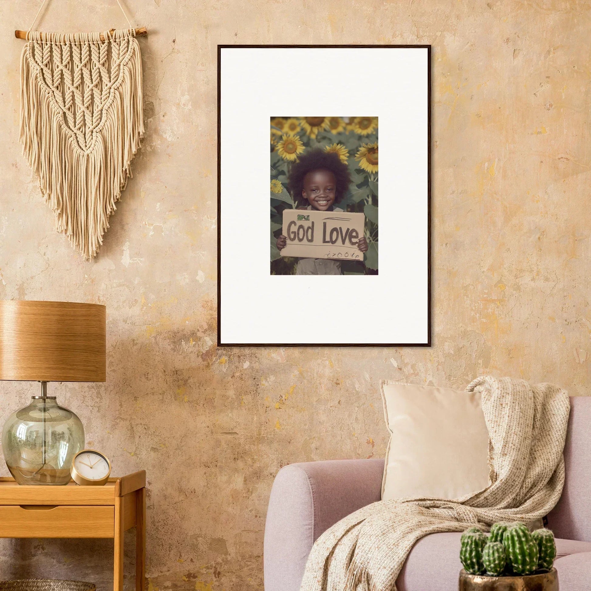 Framed wall art of a person holding a God love sign in vibrant yellow flowers, Daisetism Unfolding