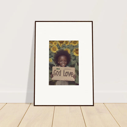 Framed wall art of a smiling child with God Love sign and sunflowers in Daisetism Unfolding