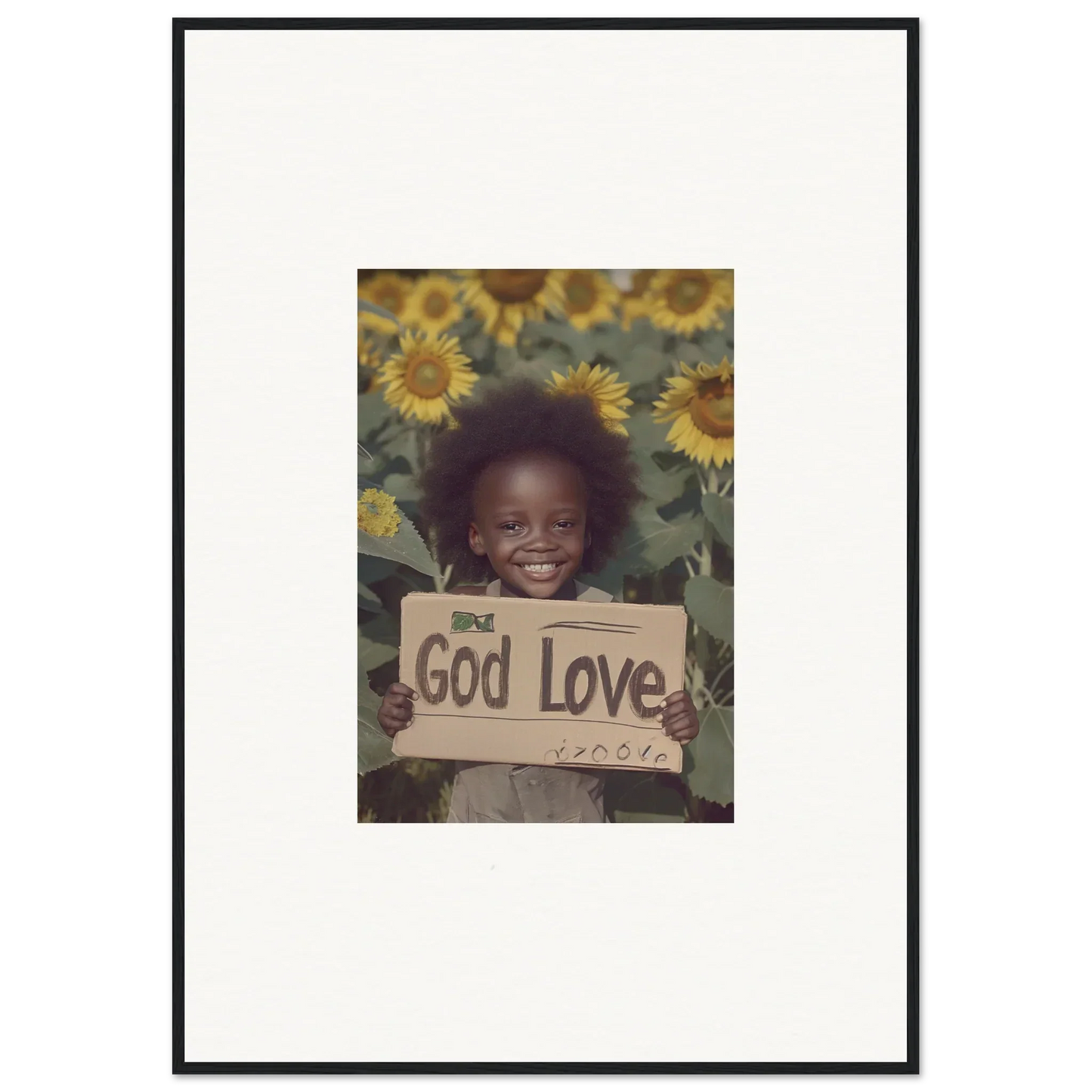 Framed wall art of a smiling child with a God Love sign among sunflowers for Daisetism Unfolding room decor