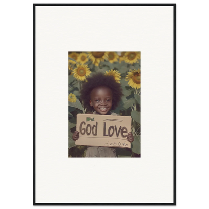 Framed wall art of a smiling child with a God Love sign among sunflowers for Daisetism Unfolding room decor