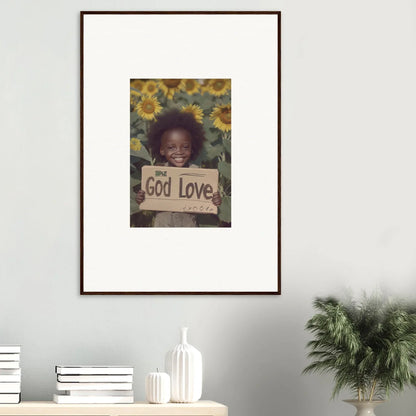 Framed wall art of a person with a God Love sign among sunflowers for Daisetism Unfolding decor