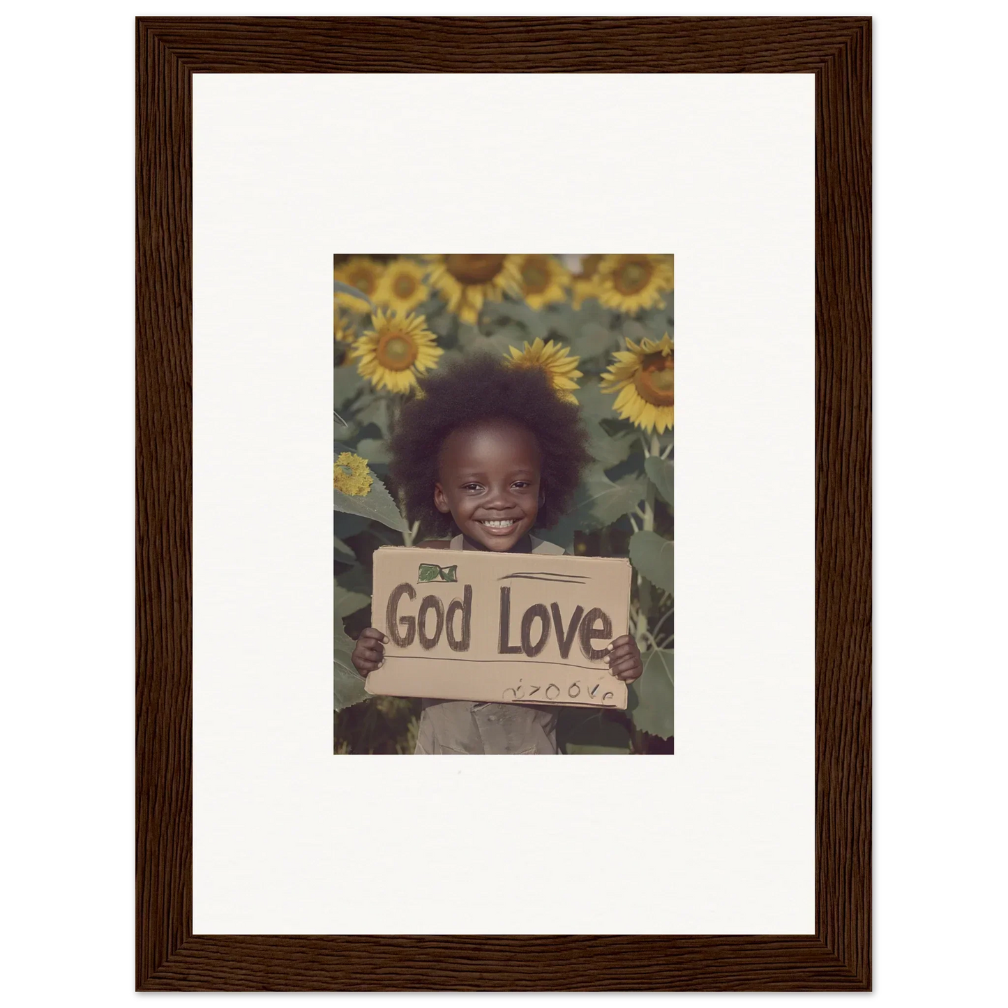 Framed wall art of a smiling child with God Love sign and sunflowers, daisetism unfolding