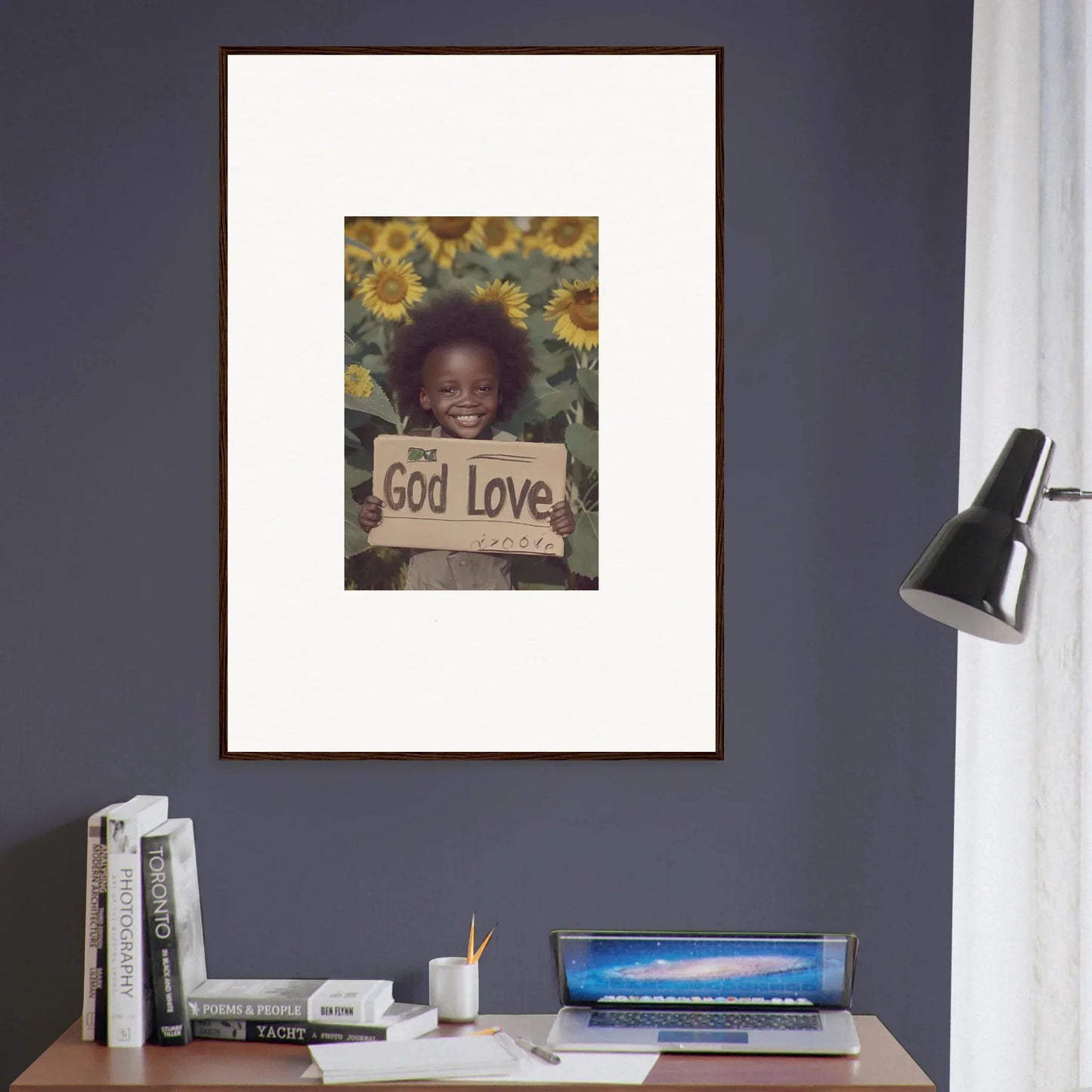 Framed wall art of a child with a God Love sign surrounded by sunflowers for daisetism unfolding