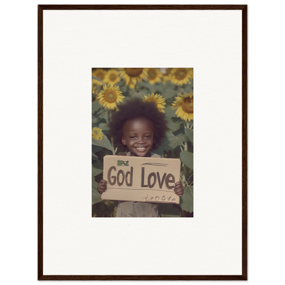 Framed wall art of a smiling child with a God Love sign amid sunflowers, Daisetism Unfolding