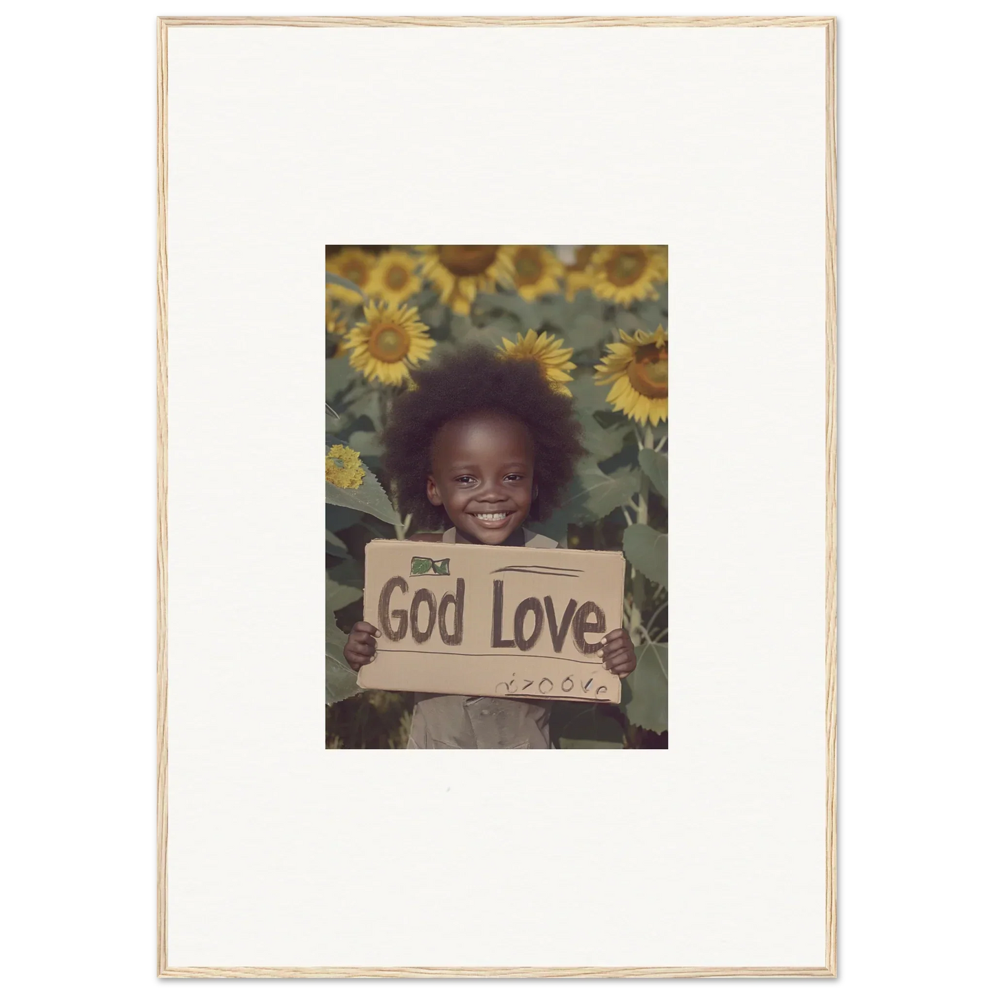 Framed wall art of a smiling child in a sunflower field promoting Daisetism Unfolding