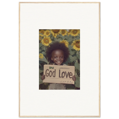 Framed wall art of a smiling child in a sunflower field promoting Daisetism Unfolding