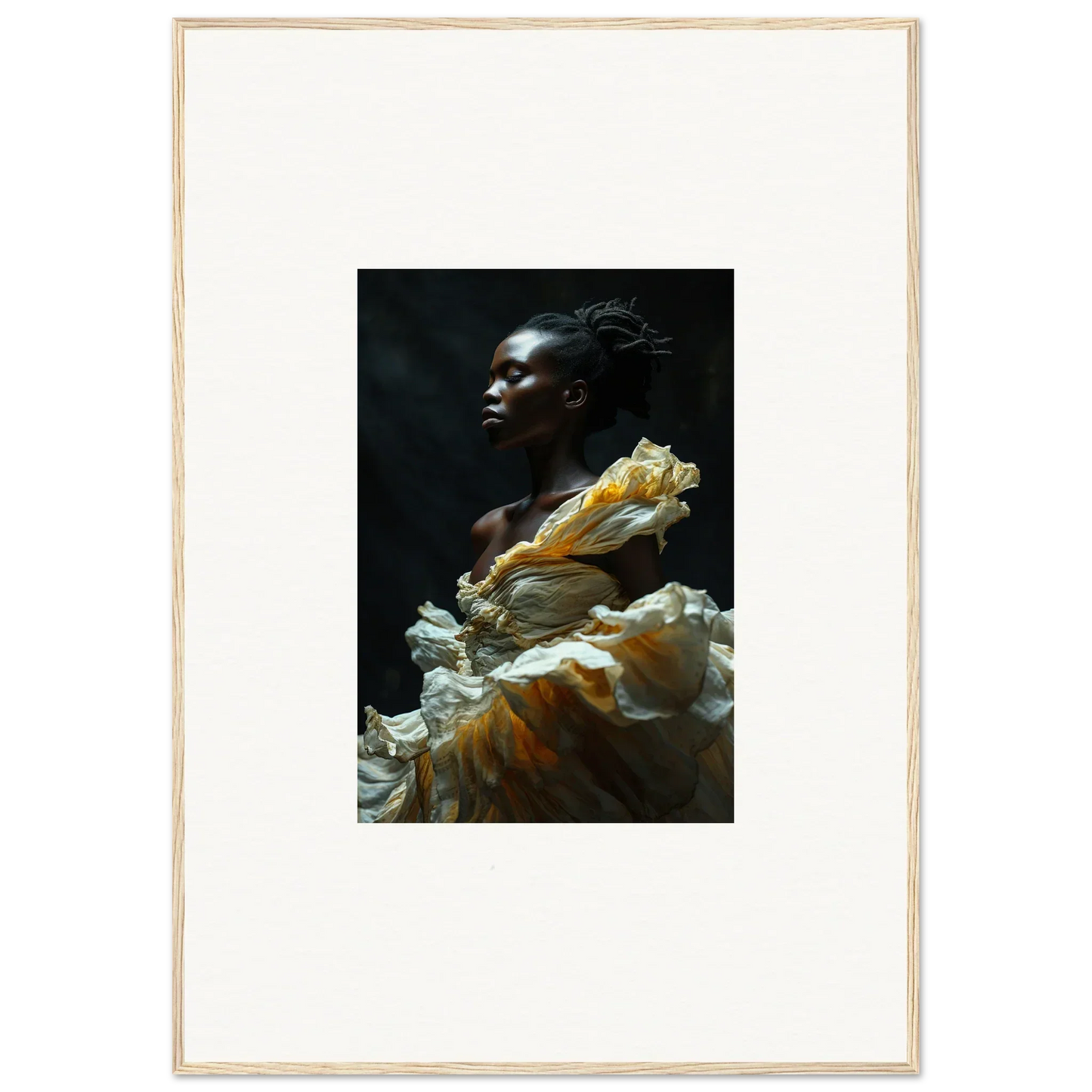 Portrait of a person with dark skin wearing a voluminous yellow and white ruffled garment.