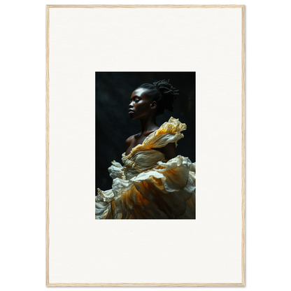 Portrait of a person with dark skin wearing a voluminous yellow and white ruffled garment.