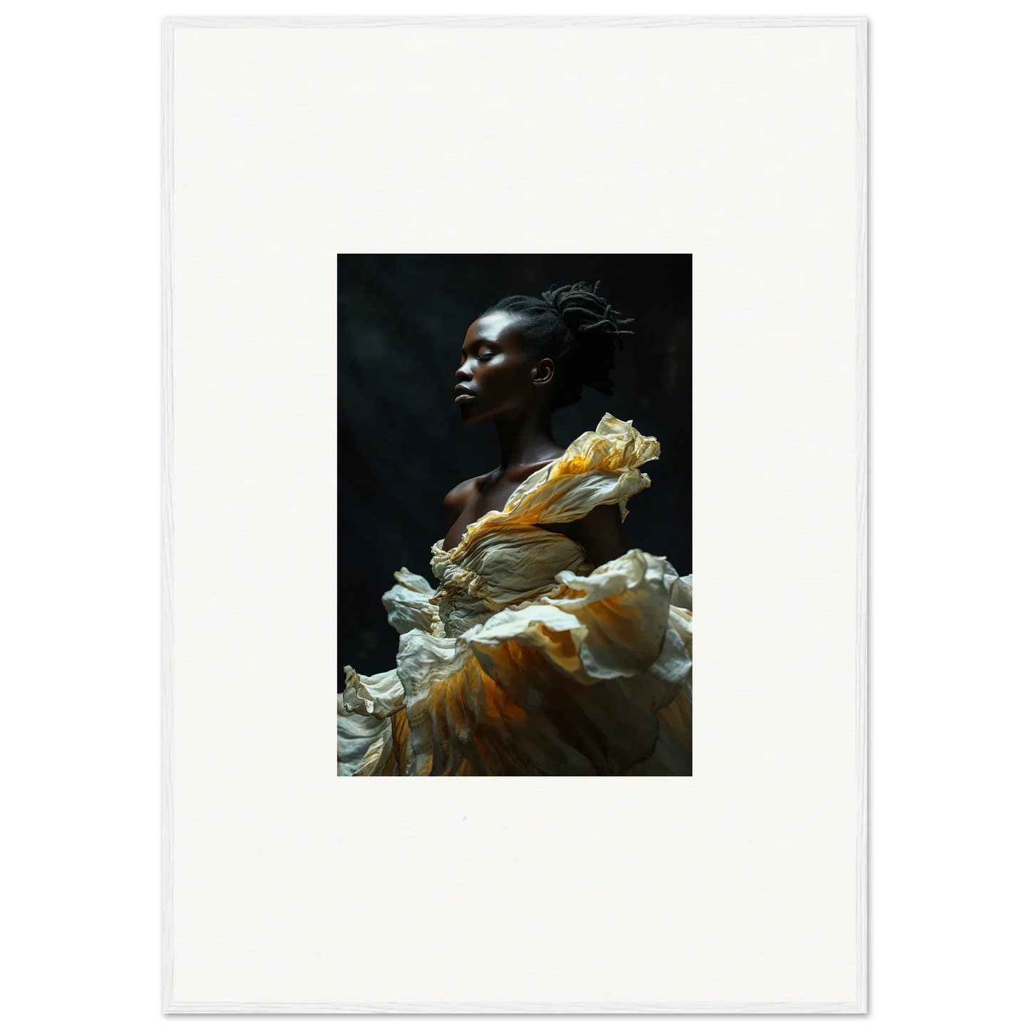 Portrait of a person with dark skin wearing a voluminous yellow and white ruffled garment.