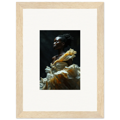 Portrait of a person with dark skin wearing a flowing yellow and white garment against a dark background.