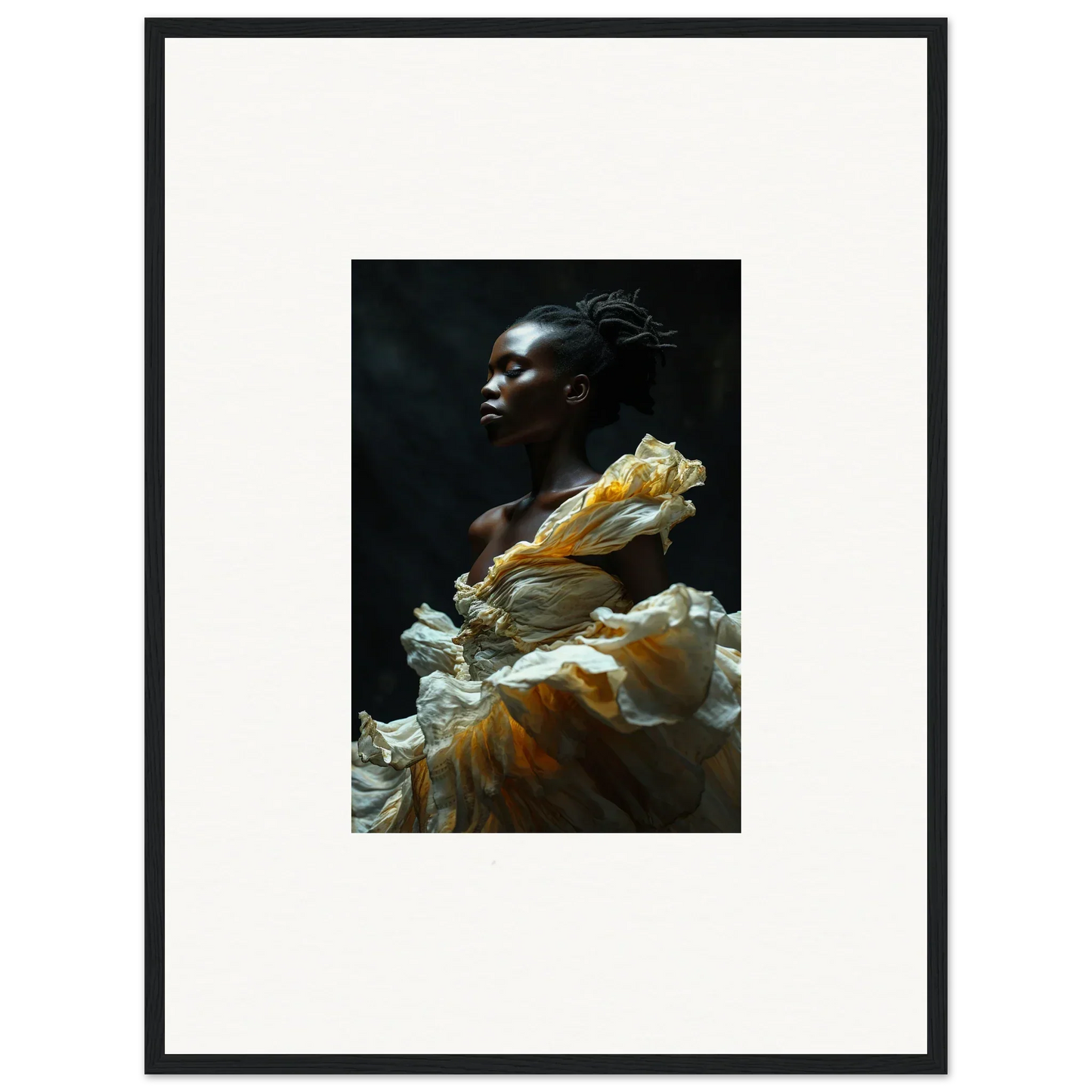 Portrait of a person wearing an elaborate ruffled yellow and white garment against a dark background.