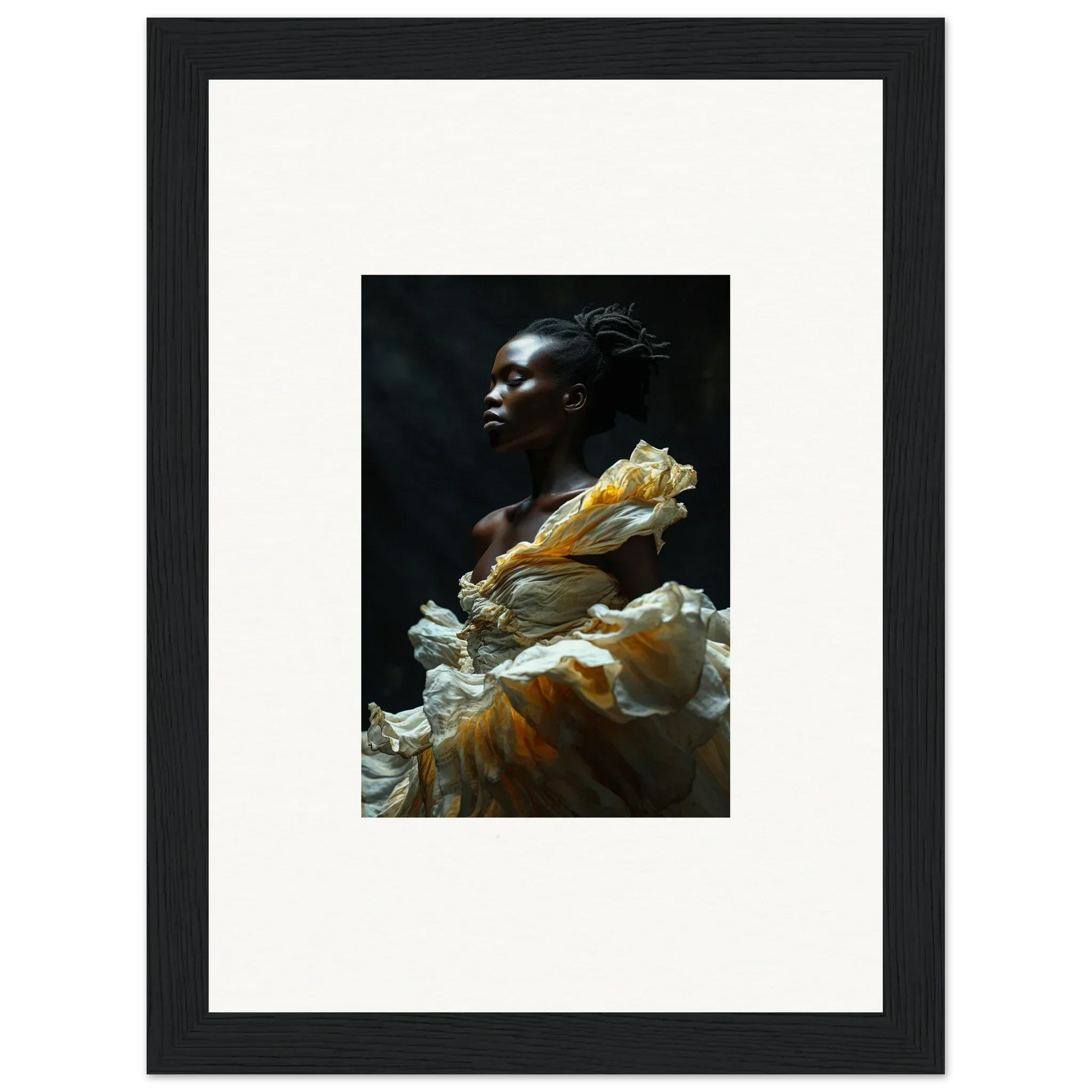 Portrait of a woman with dark skin wearing a flowing yellow and white dress, gazing upward dramatically.