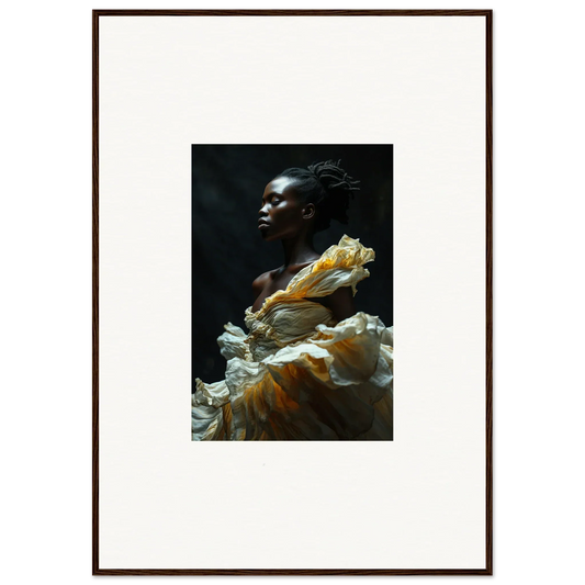 Portrait of a person with dark skin wearing a voluminous yellow and white garment.