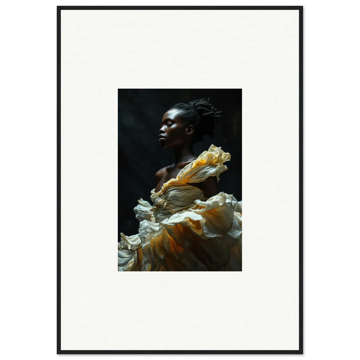 Portrait of a person with dark skin wearing a flowing yellow and white garment.