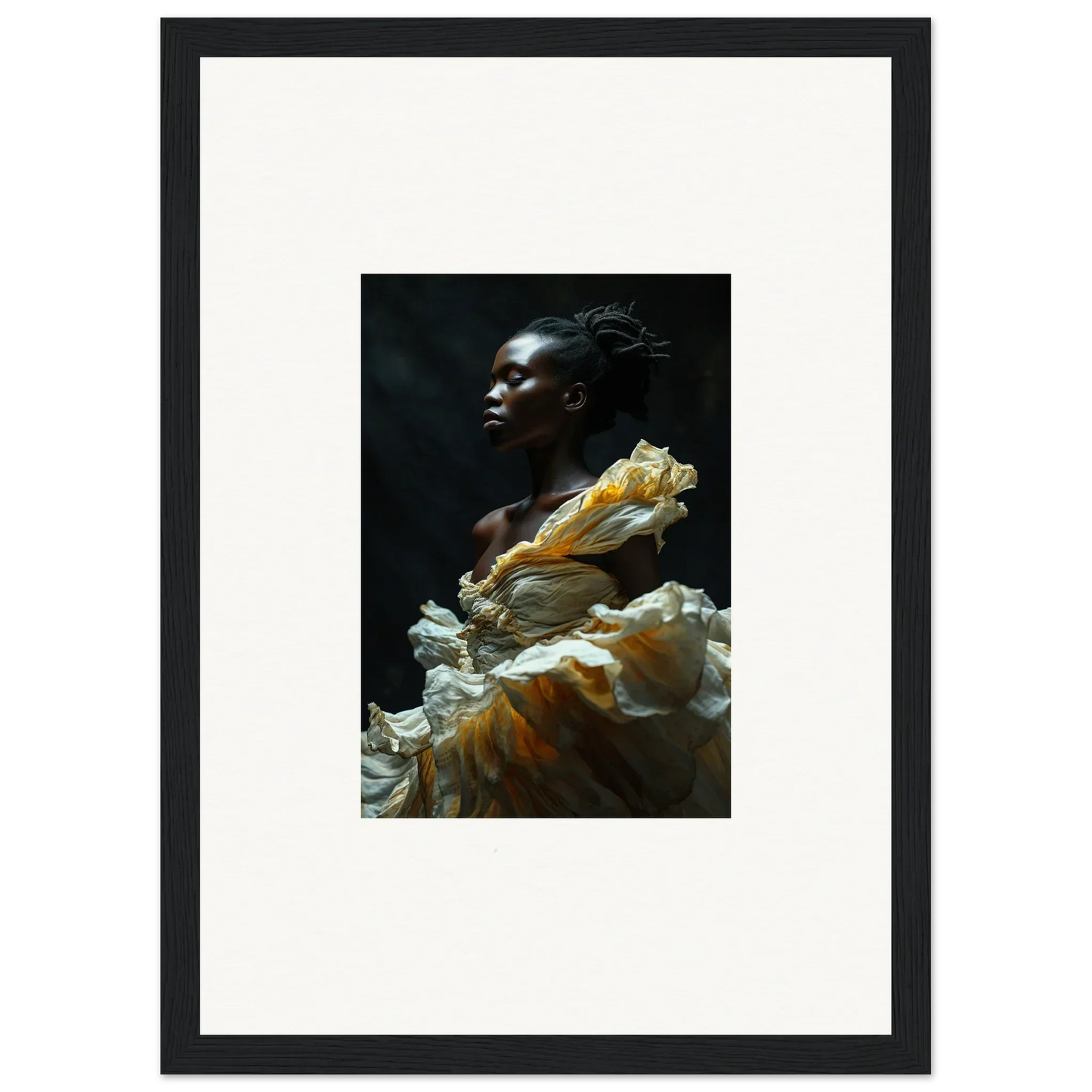 Portrait of a woman with dark skin wearing a flowing yellow and white dress, gazing upward against a dark background.