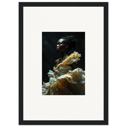 Portrait of a woman with dark skin wearing a flowing yellow and white dress, gazing upward against a dark background.