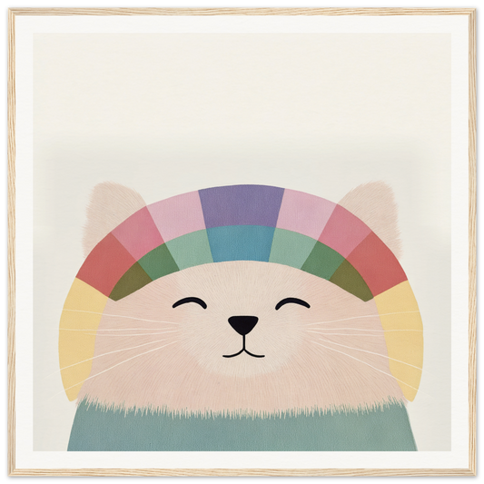 Smiling cartoon cat with vibrant rainbow pattern in Rainbow Cat Reverie product