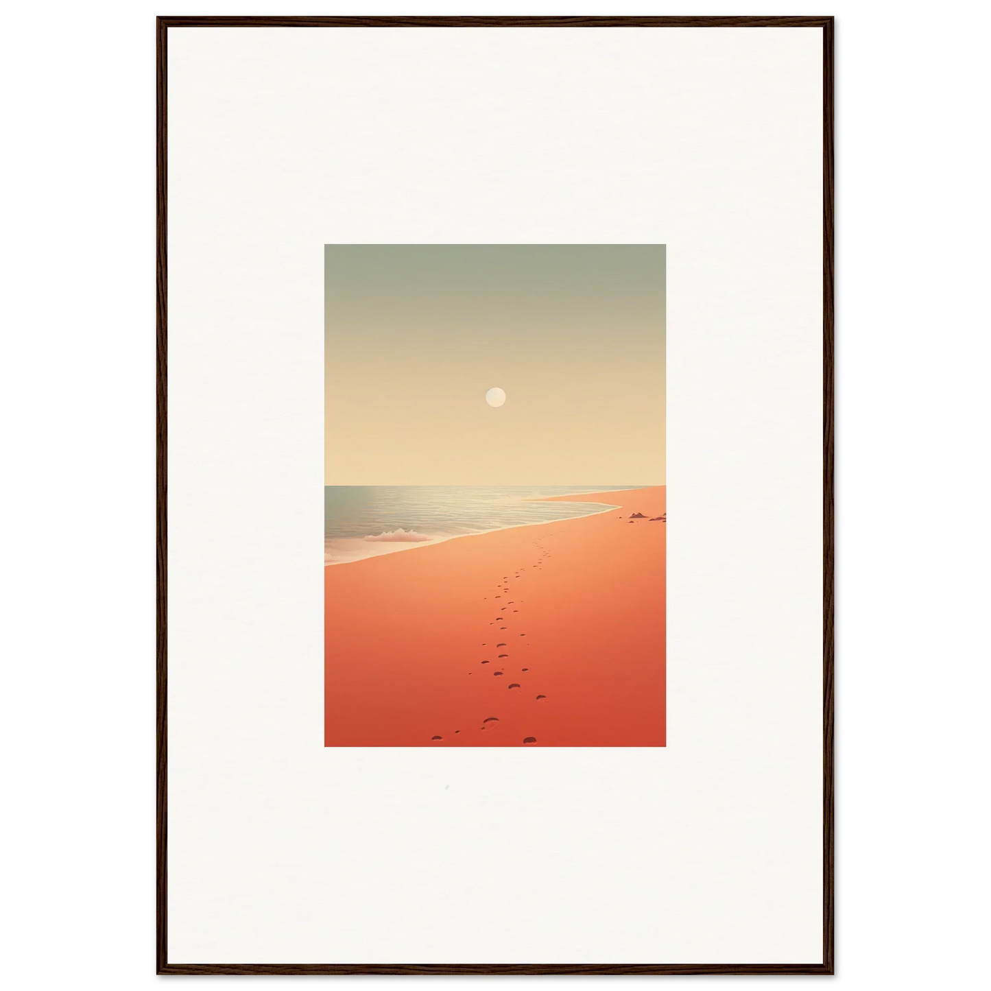 Framed wall art of serene beach with footprints on red horizons for stylish room decor