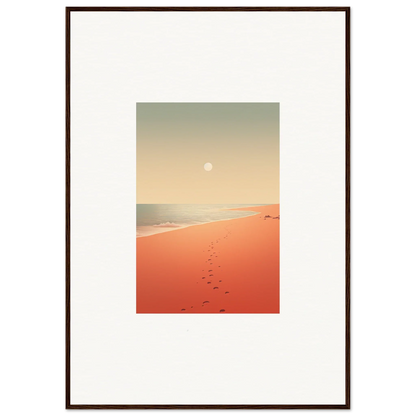 Framed wall art of serene beach with footprints on red horizons for stylish room decor