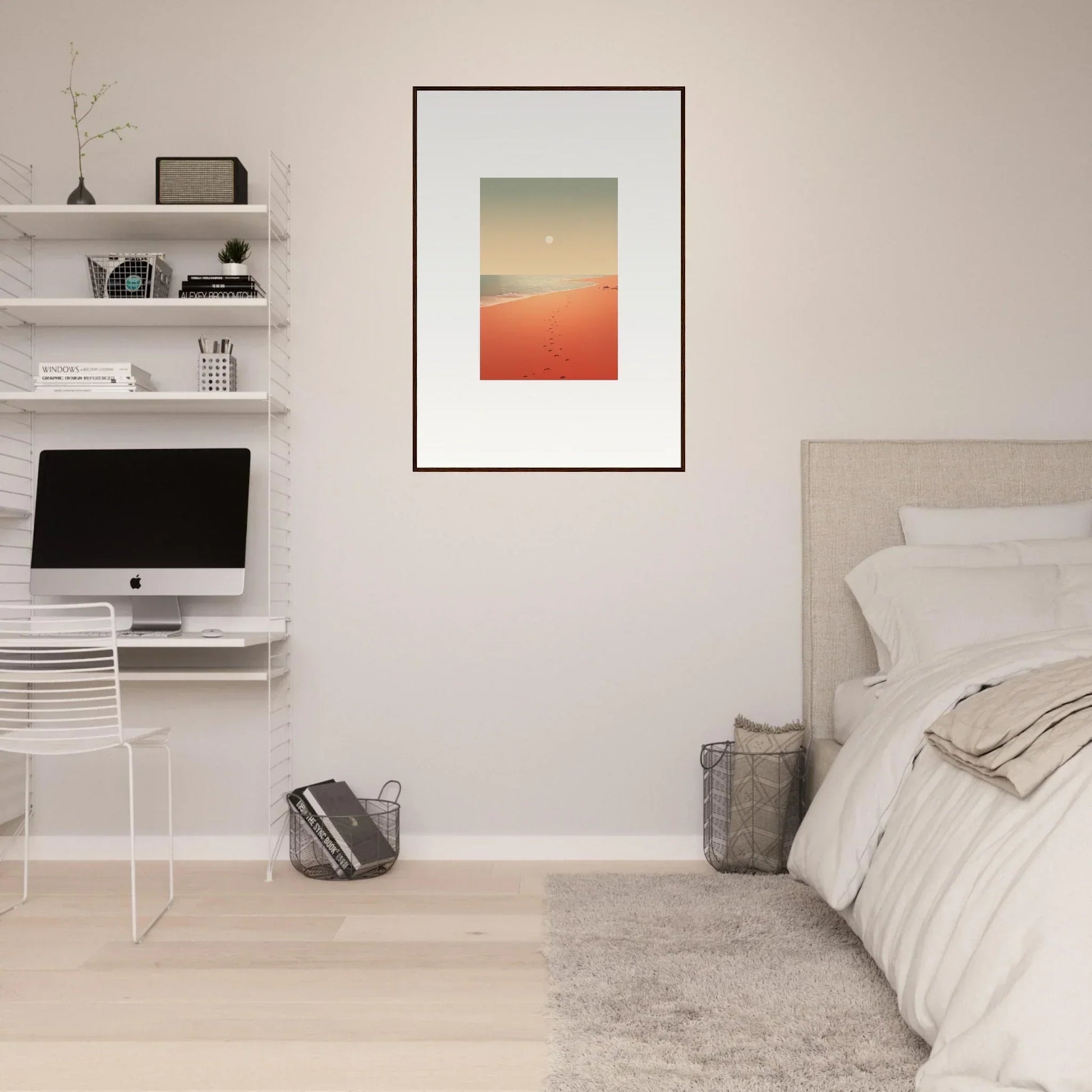 Minimalist bedroom featuring framed wall art of Red Horizons as the focal point