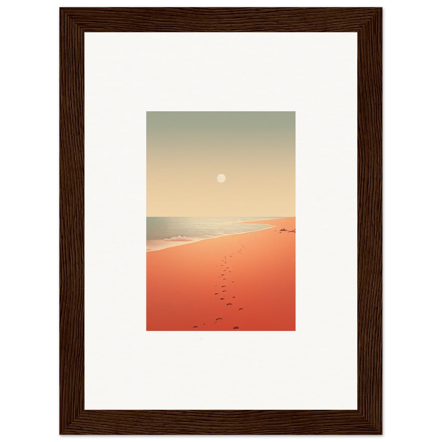 Framed wall art of serene beach scene with red horizons, perfect for room decor