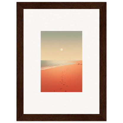 Framed wall art of serene beach scene with red horizons, perfect for room decor