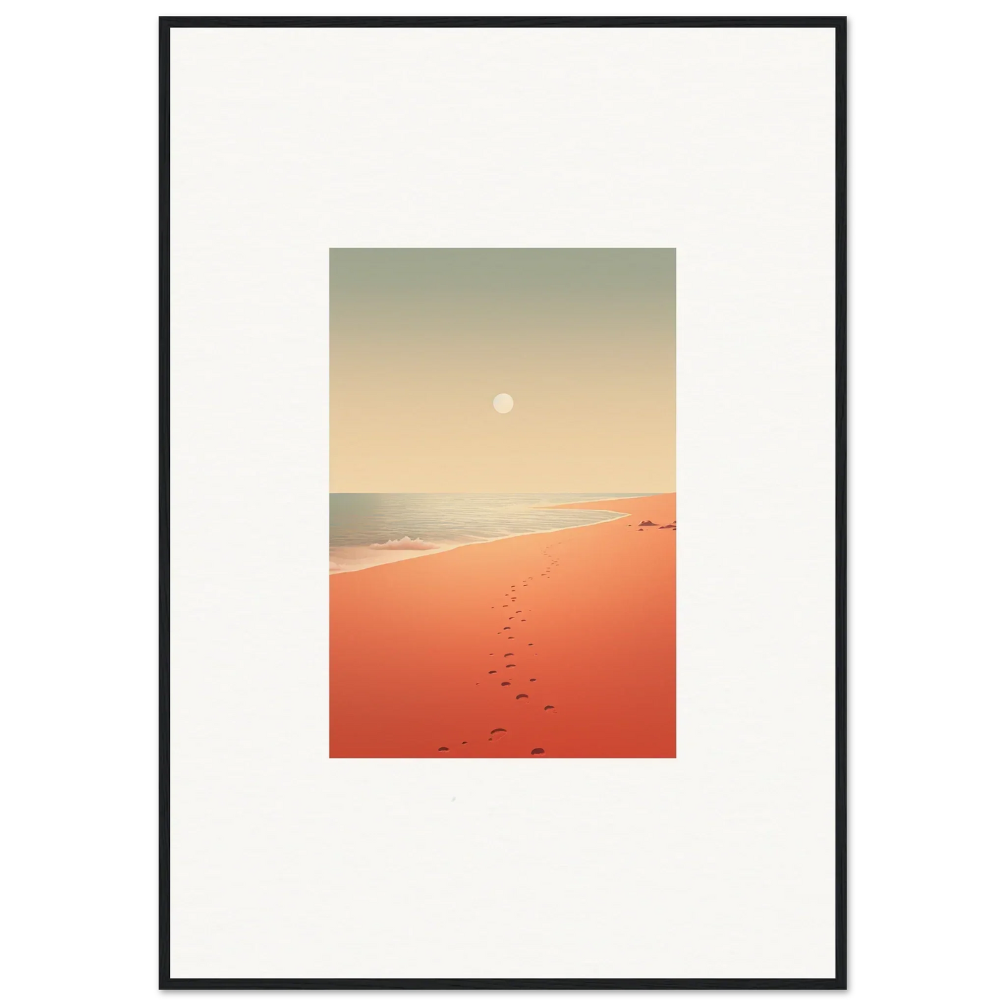 Framed wall art of a sunset beach scene with footprints in orange sand and red horizons