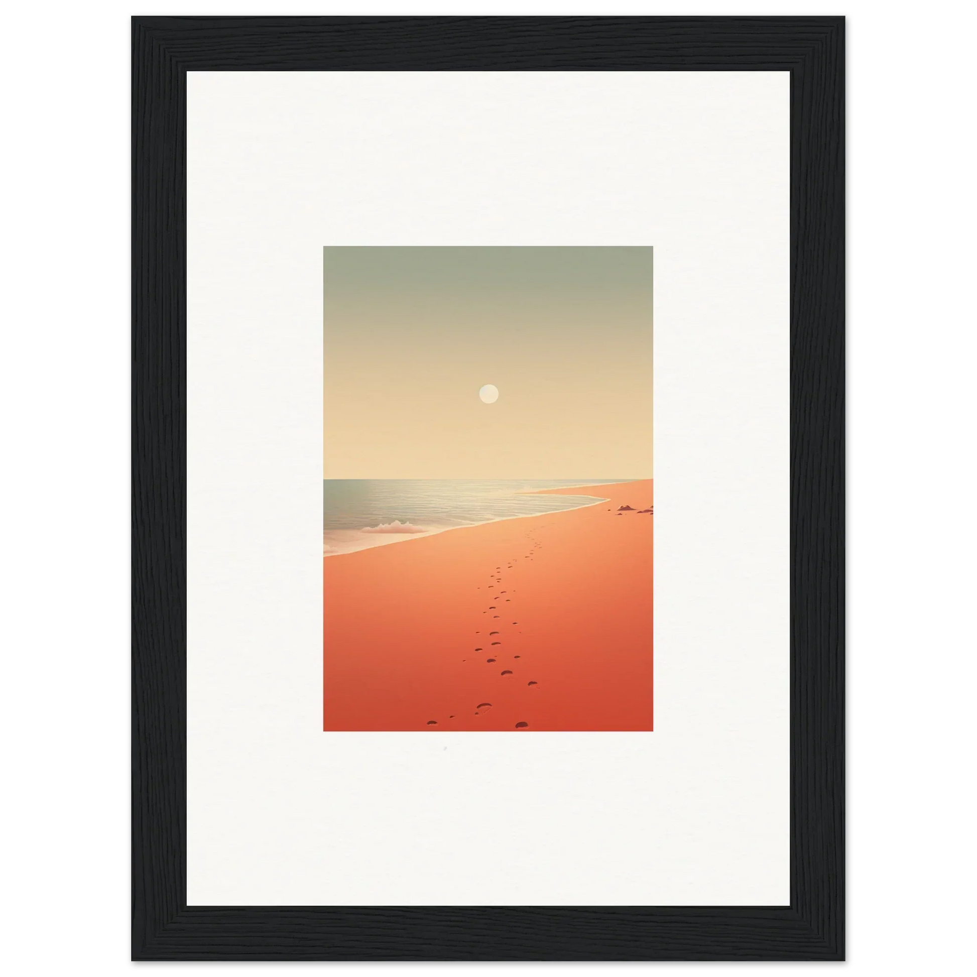 Framed wall art of a sunset beach scene with footprints and red horizons for room decor