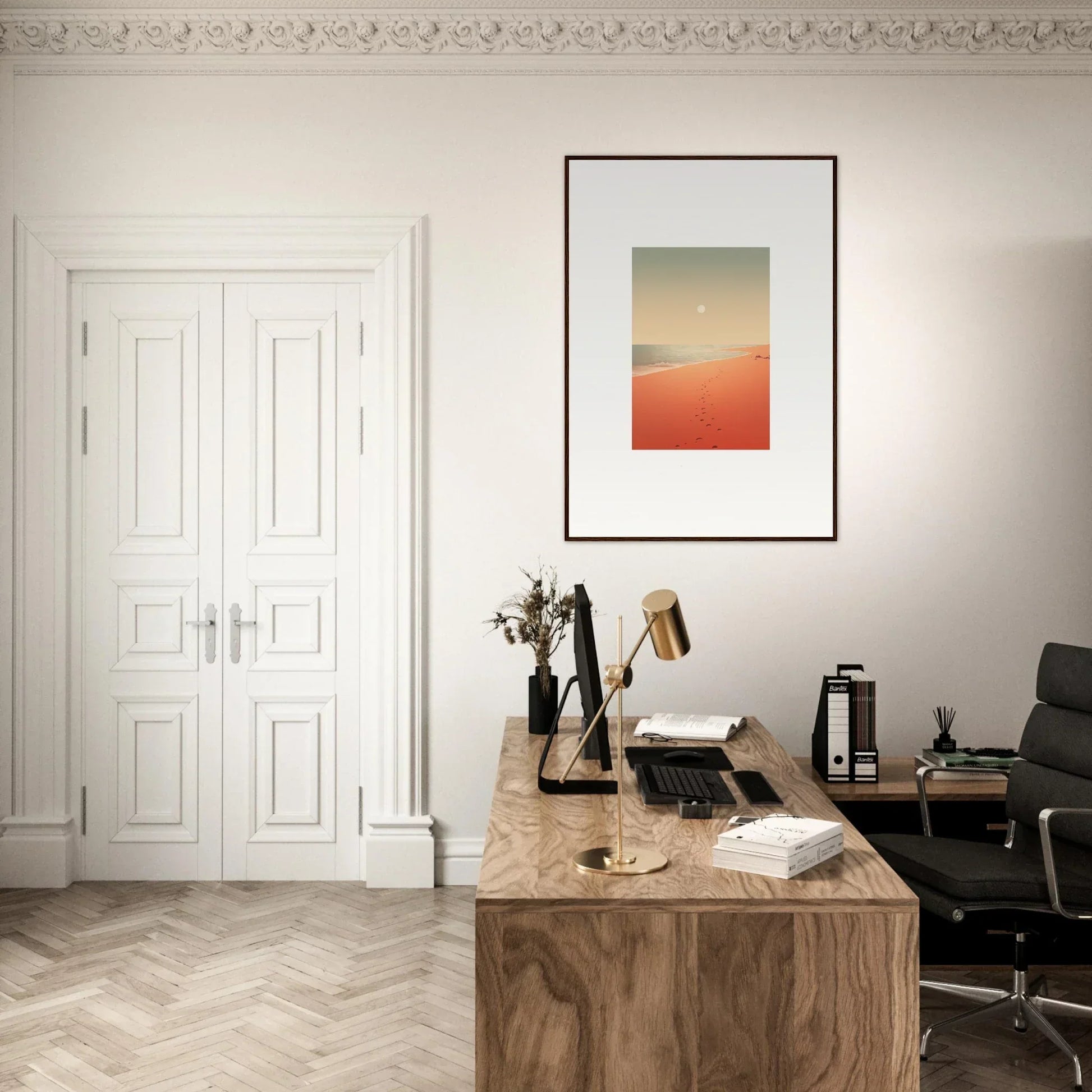 Wooden desk with typewriter and books in a minimalist workspace with Red Horizons decor