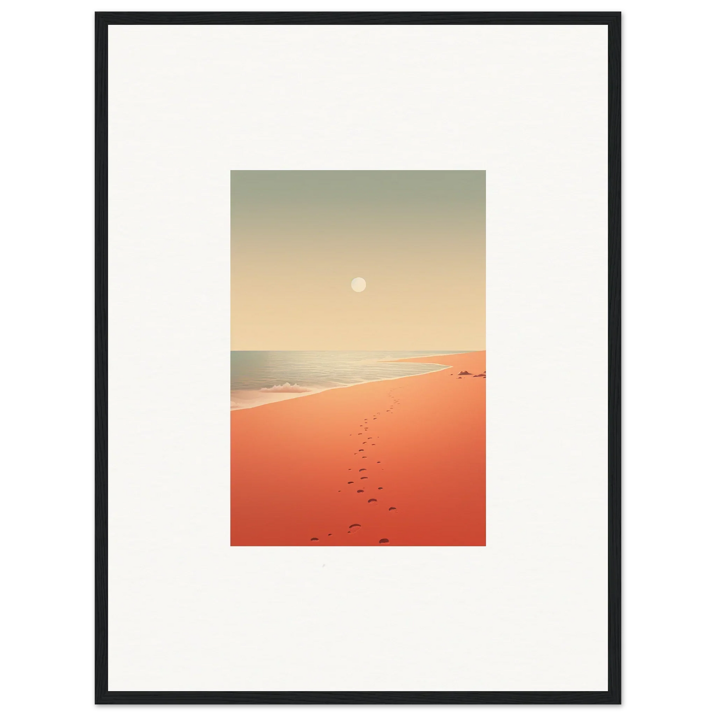 Framed wall art of red horizons and footprints on a sunset beach for stylish room decor