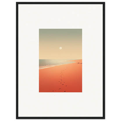 Framed wall art of red horizons and footprints on a sunset beach for stylish room decor