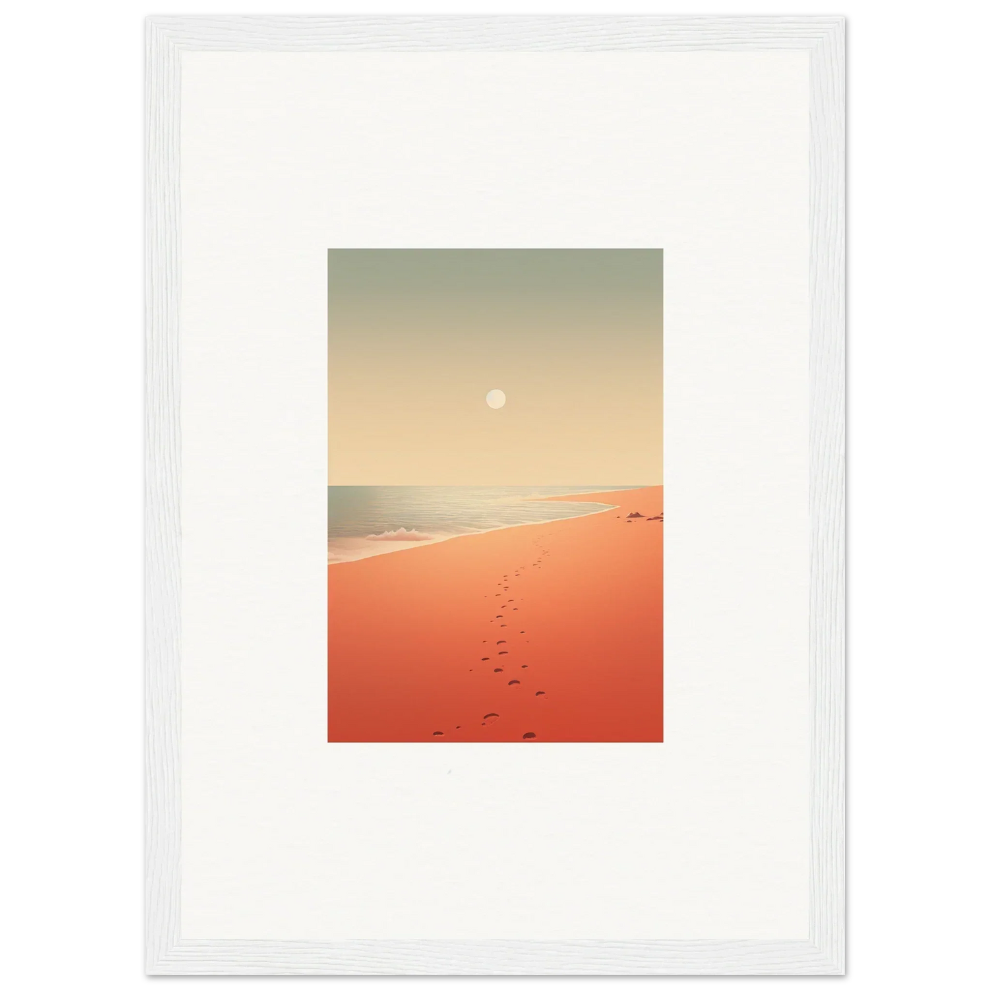 Framed wall art of a sunset beach scene with footprints on red horizons sand