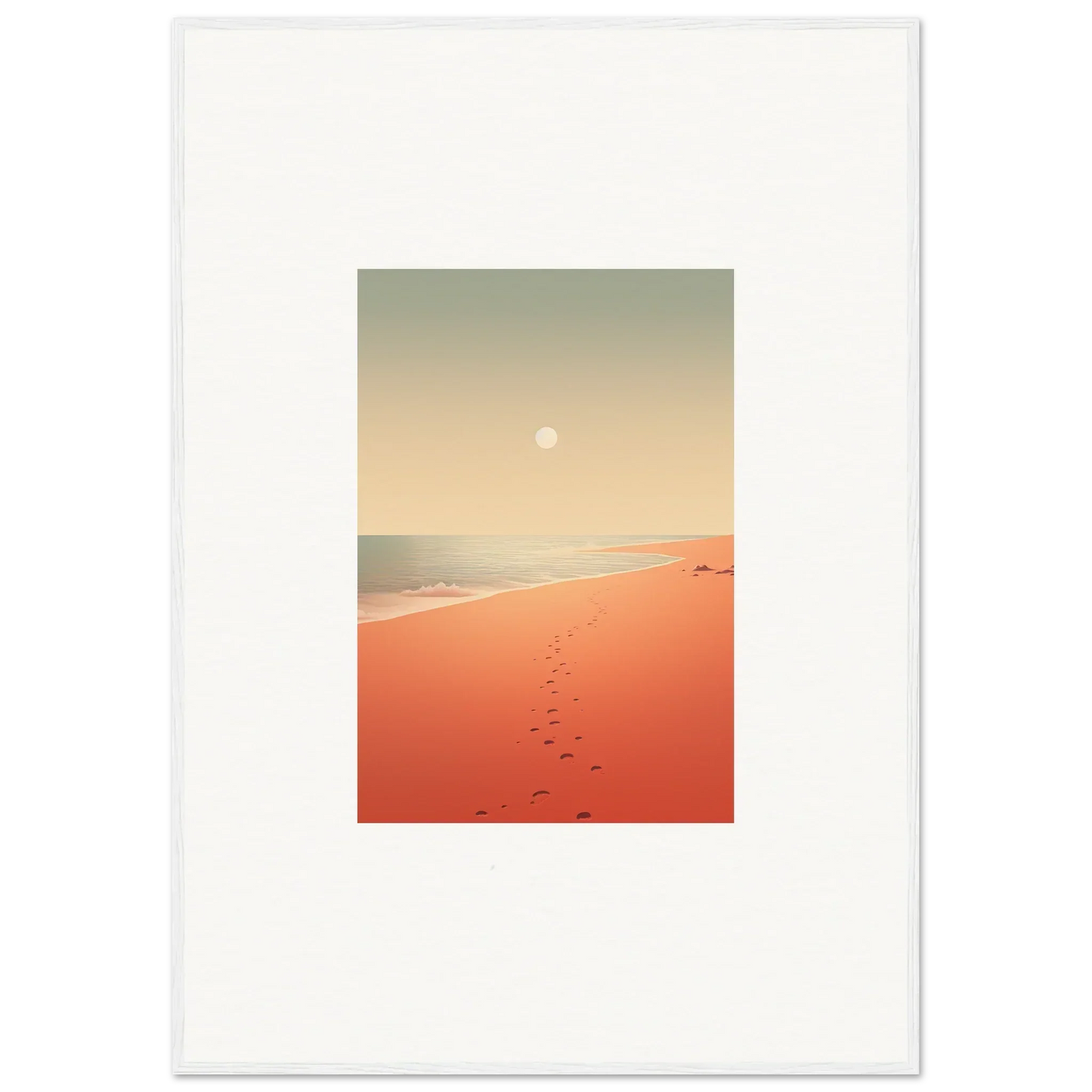 Serene beach scene with footprints in orange sand for Red Horizons room decor