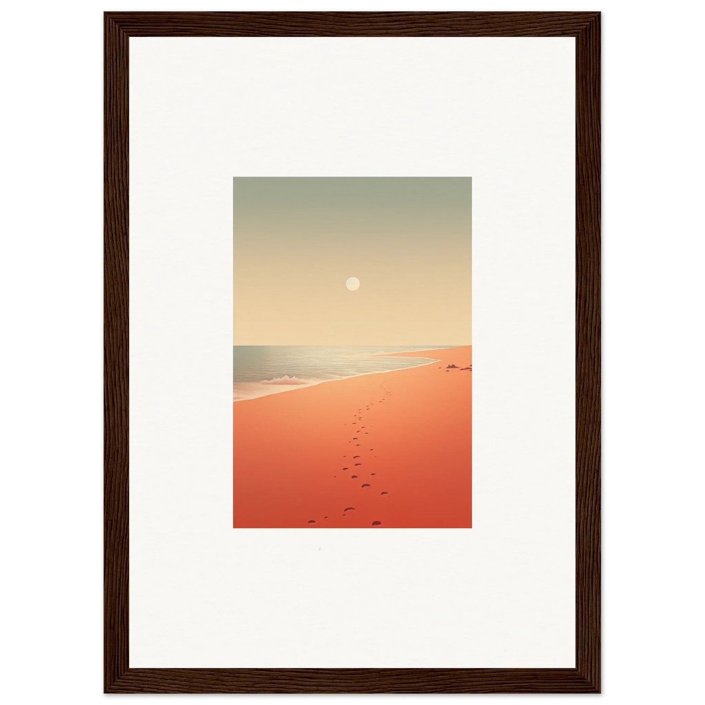 Framed wall art of serene beach scene with footprints on red horizons sand