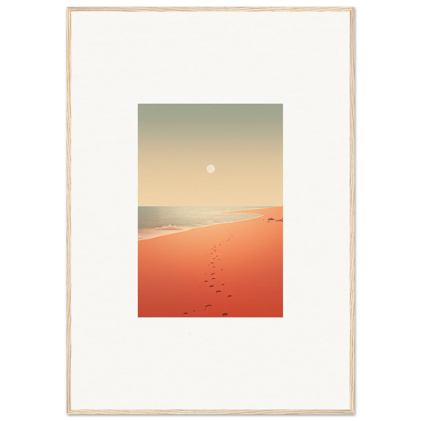 Framed wall art featuring footprints on a sandy beach at sunset with red horizons