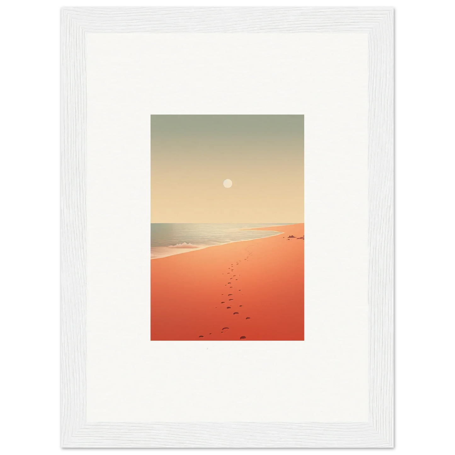 Framed wall art of red horizons at sunset on a beach with footprints in orange sand