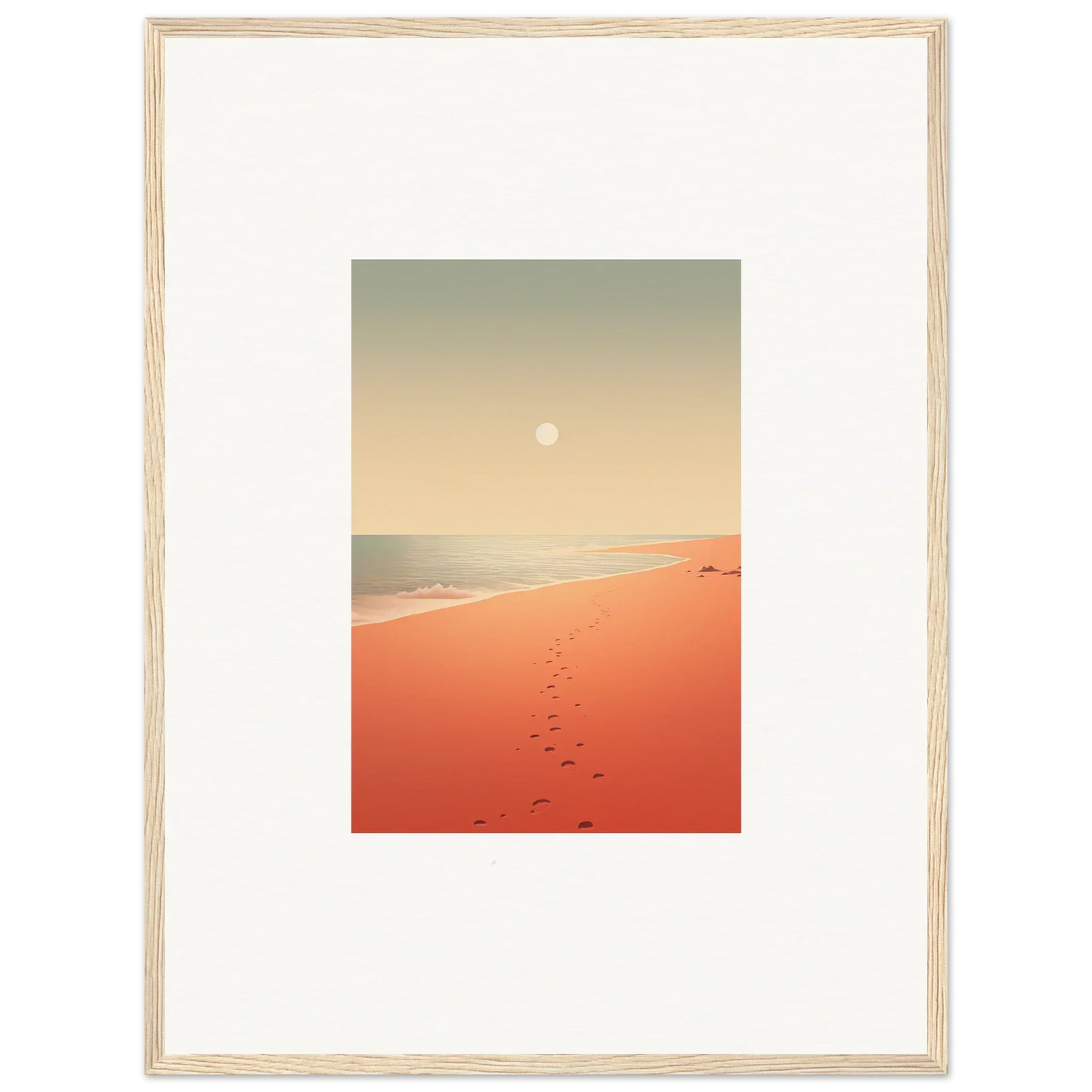 Framed wall art of footprints on orange sand beach at sunset for stunning room decor