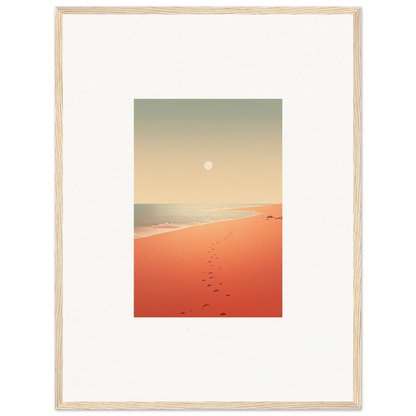 Framed wall art of footprints on orange sand beach at sunset for stunning room decor