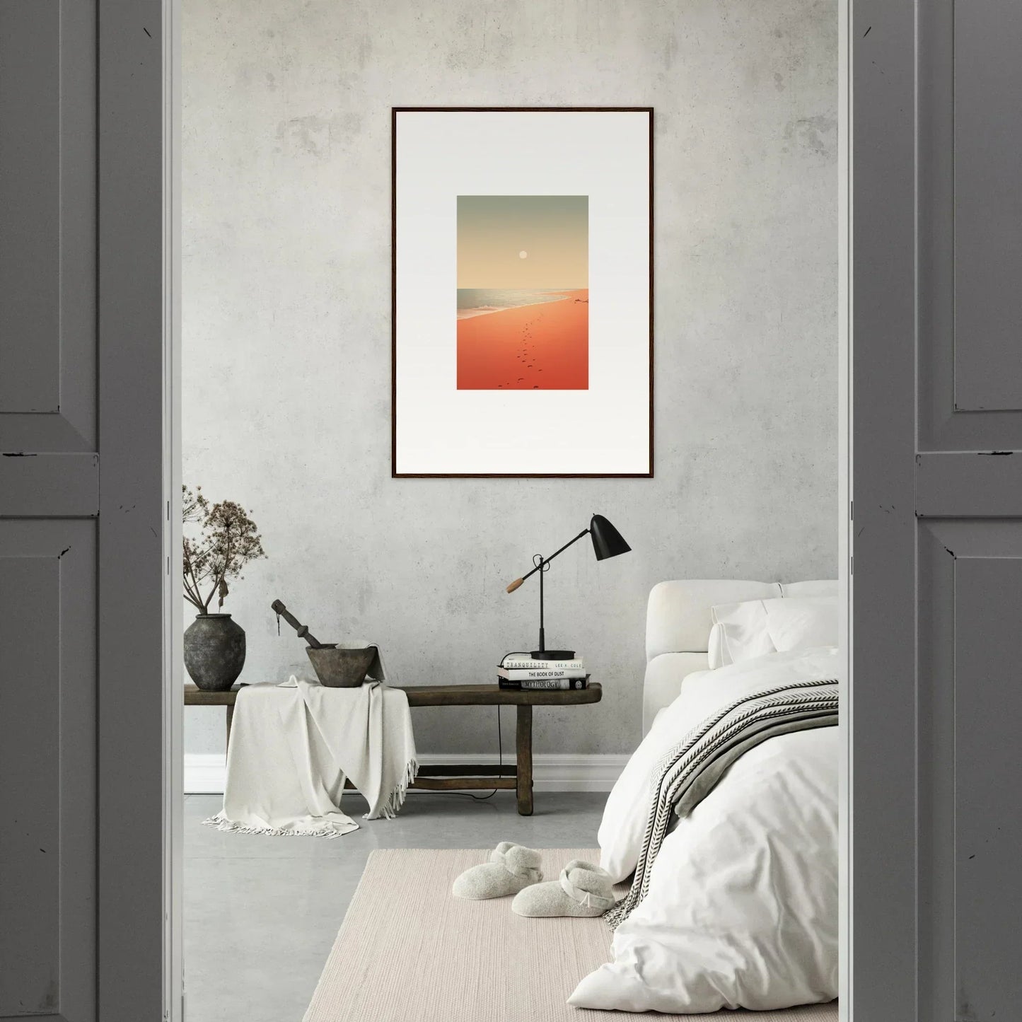 Minimalist bedroom featuring framed wall art of Red Horizons for stylish room decor