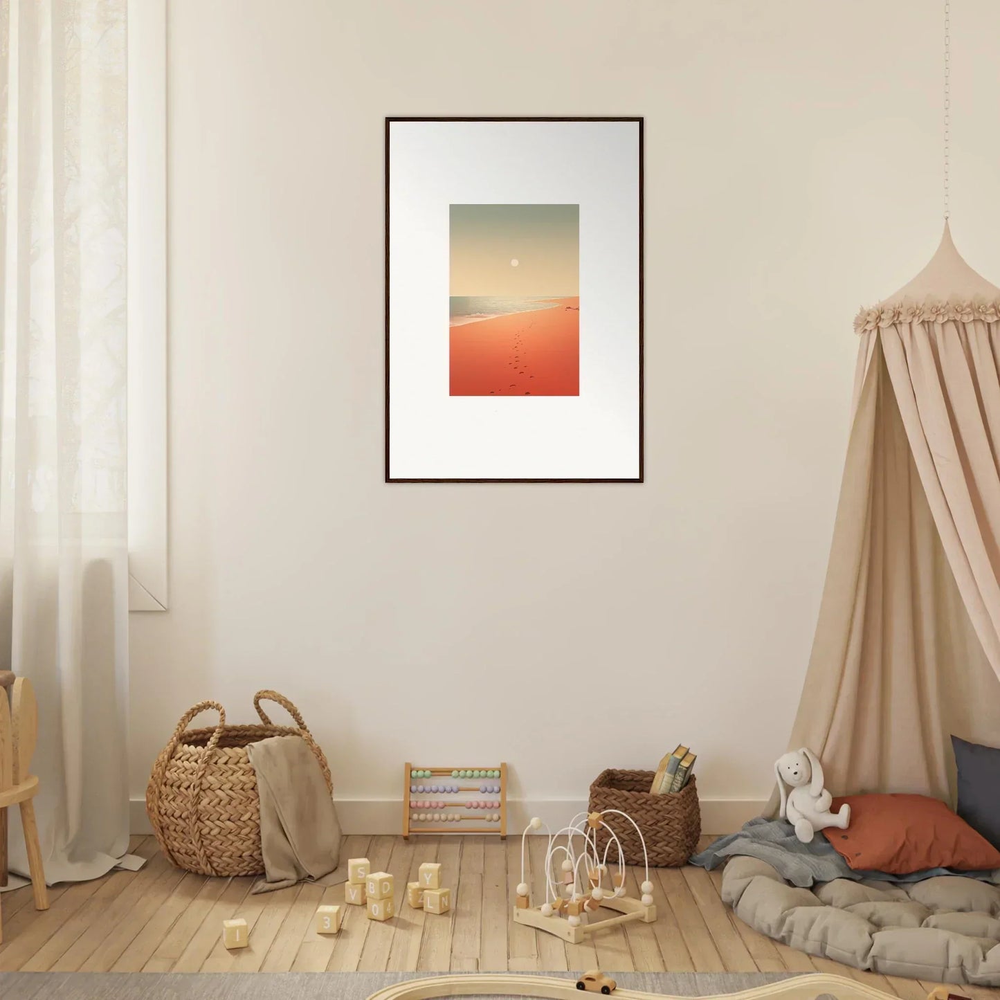 Framed wall art of gradient from orange to pale blue for modern room decor