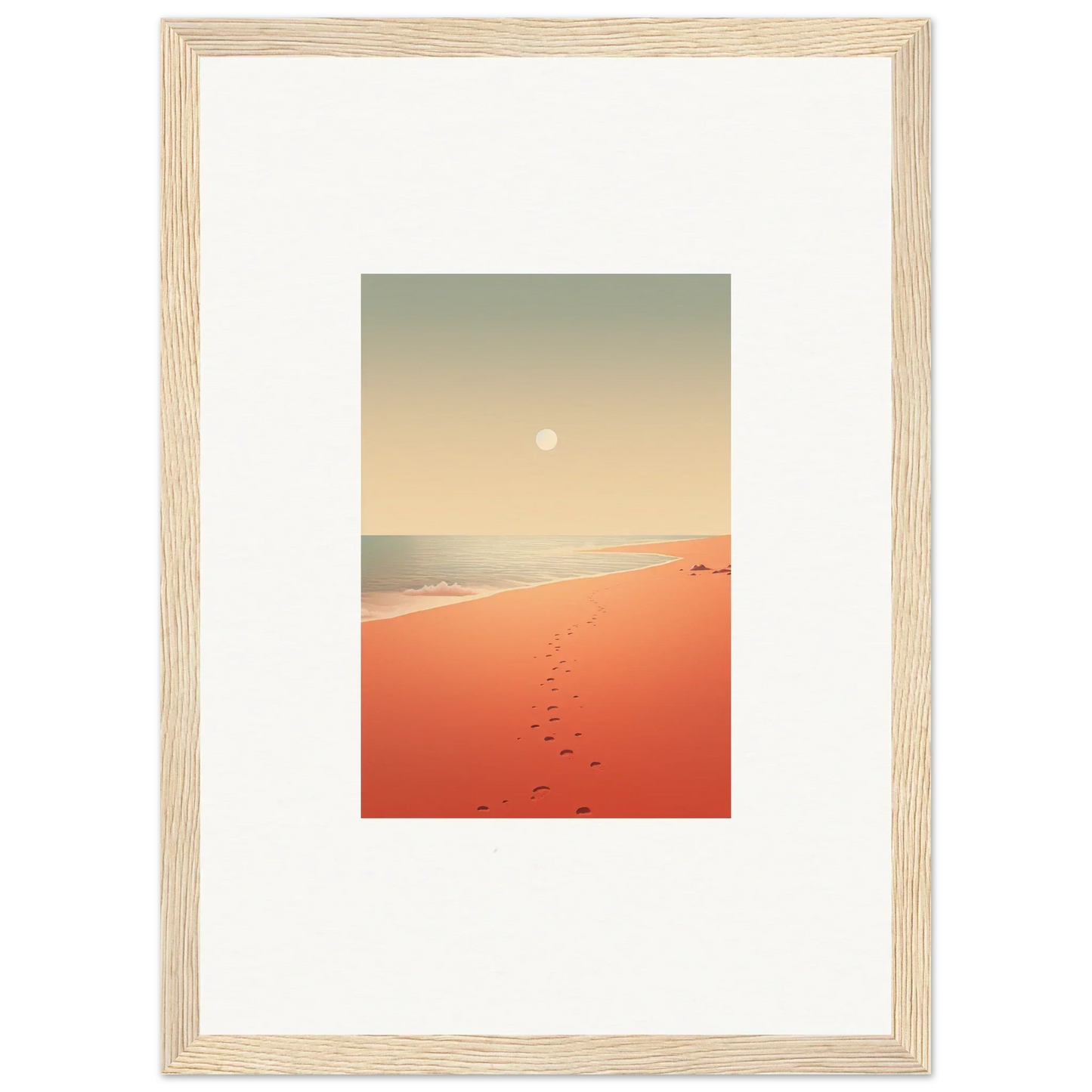 Framed wall art of a sunset beach with footprints on red horizons sand, perfect room decor