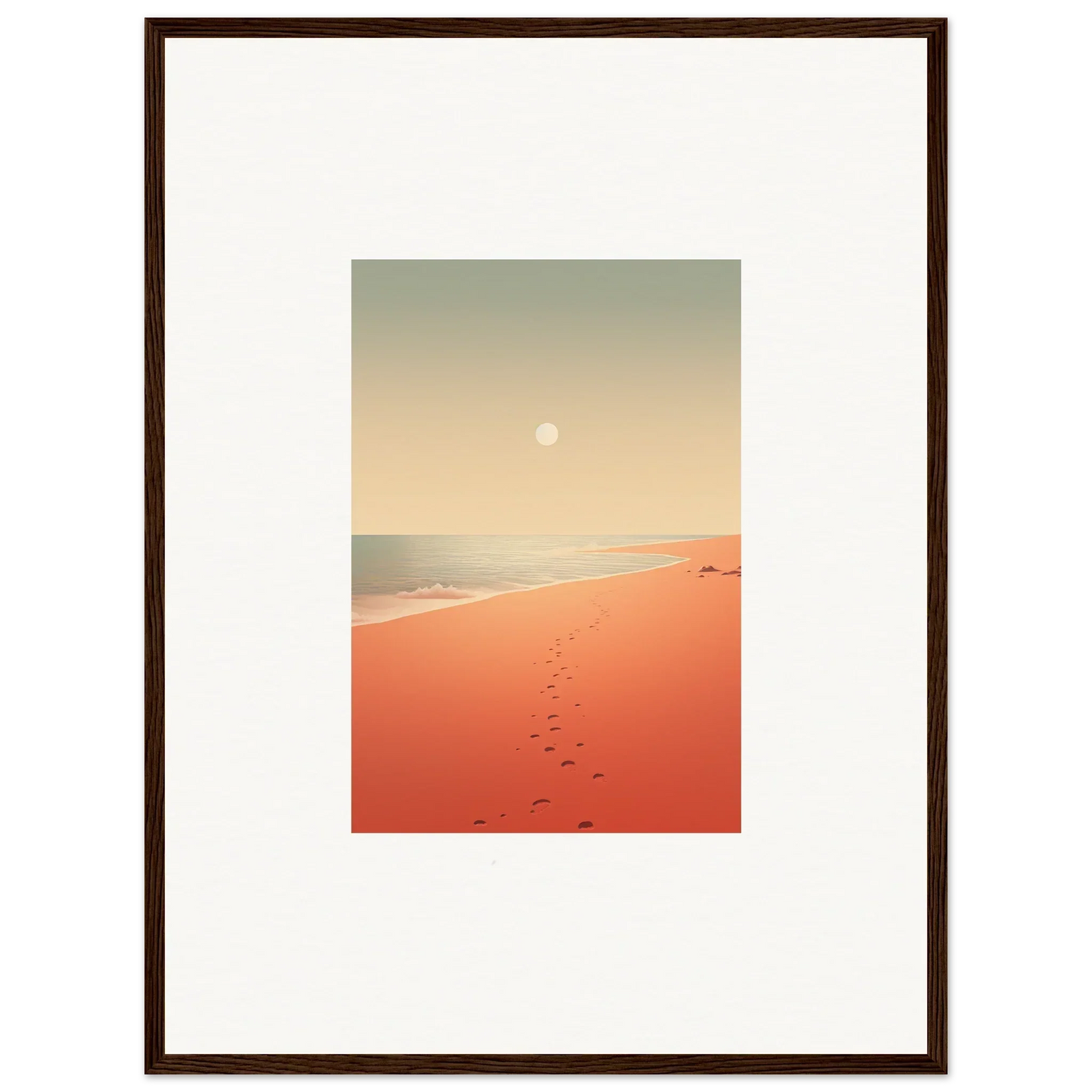 Framed wall art of a sunset beach with footprints on red horizons sand for room decor