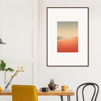 Framed wall art of red horizons with footprints in orange sand for unique room decor