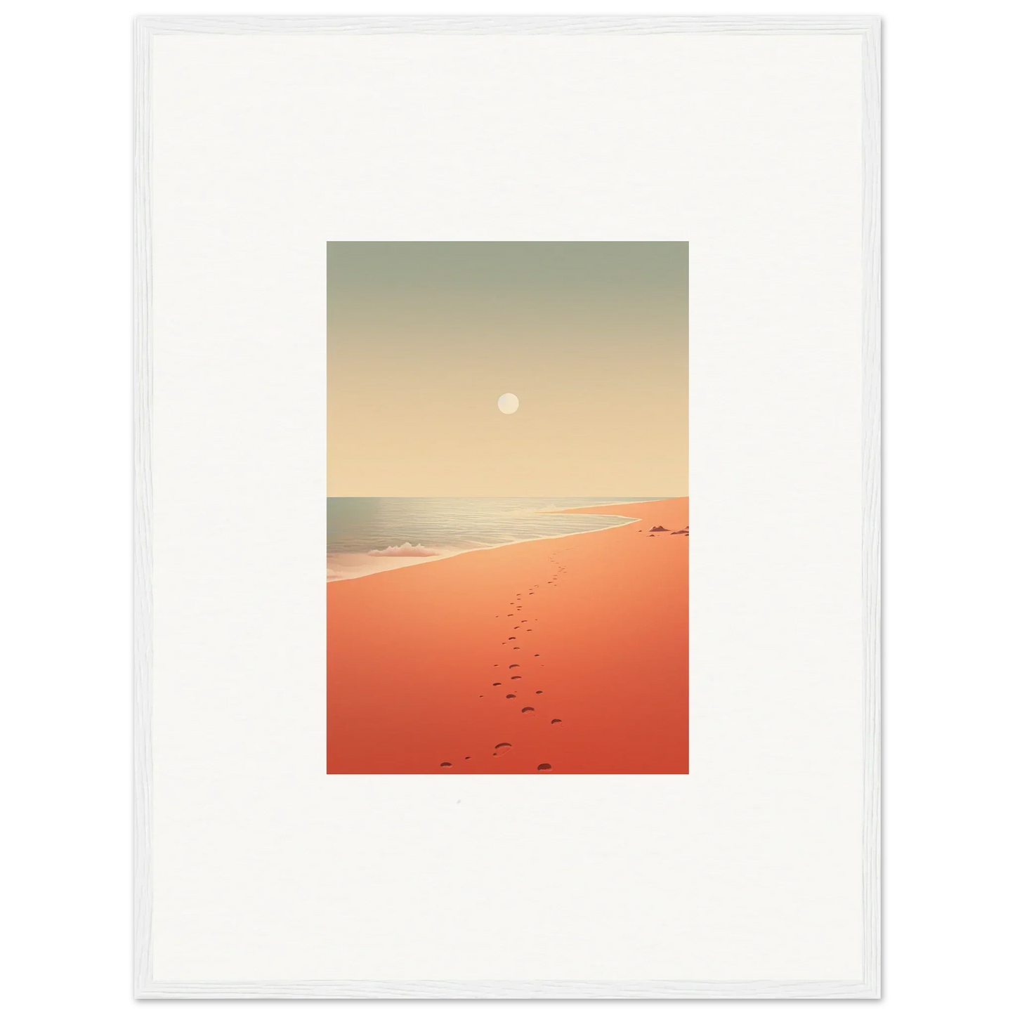 Framed wall art of red horizons at sunset beach with footprints on orange sand