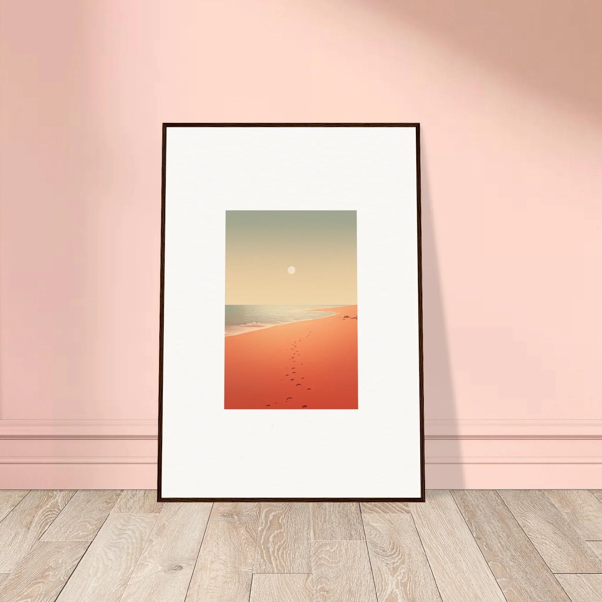 Framed wall art of a desert landscape with red horizons and footprints, perfect room decor