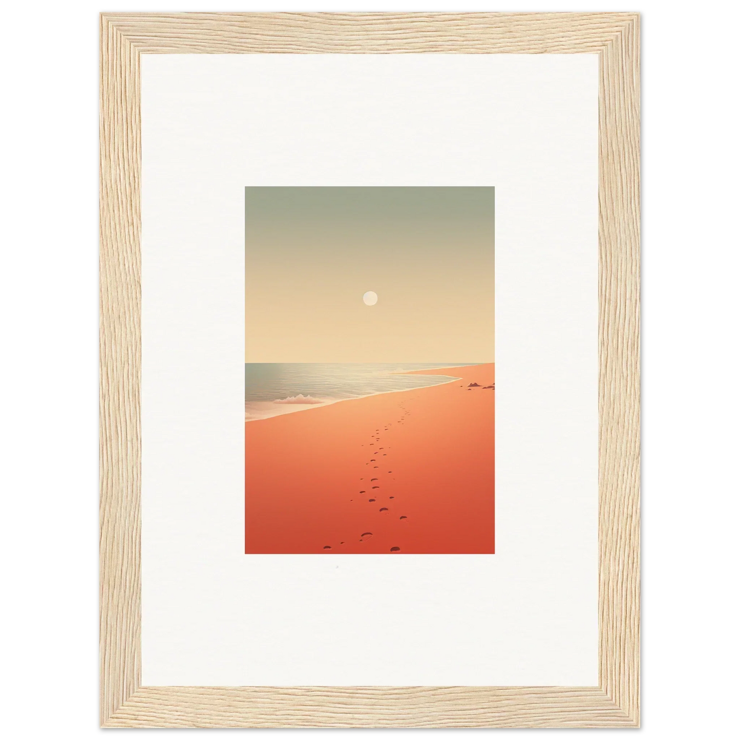 Framed wall art of a serene beach with orange sand and red horizons for room decor