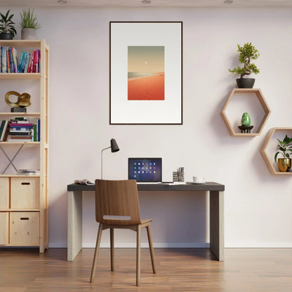 Minimalist home office workspace with red horizons wall art and stylish decor elements