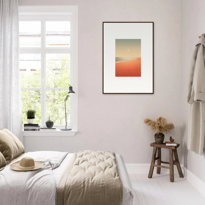 Minimalist bedroom featuring framed wall art of Red Horizons for stylish room decor