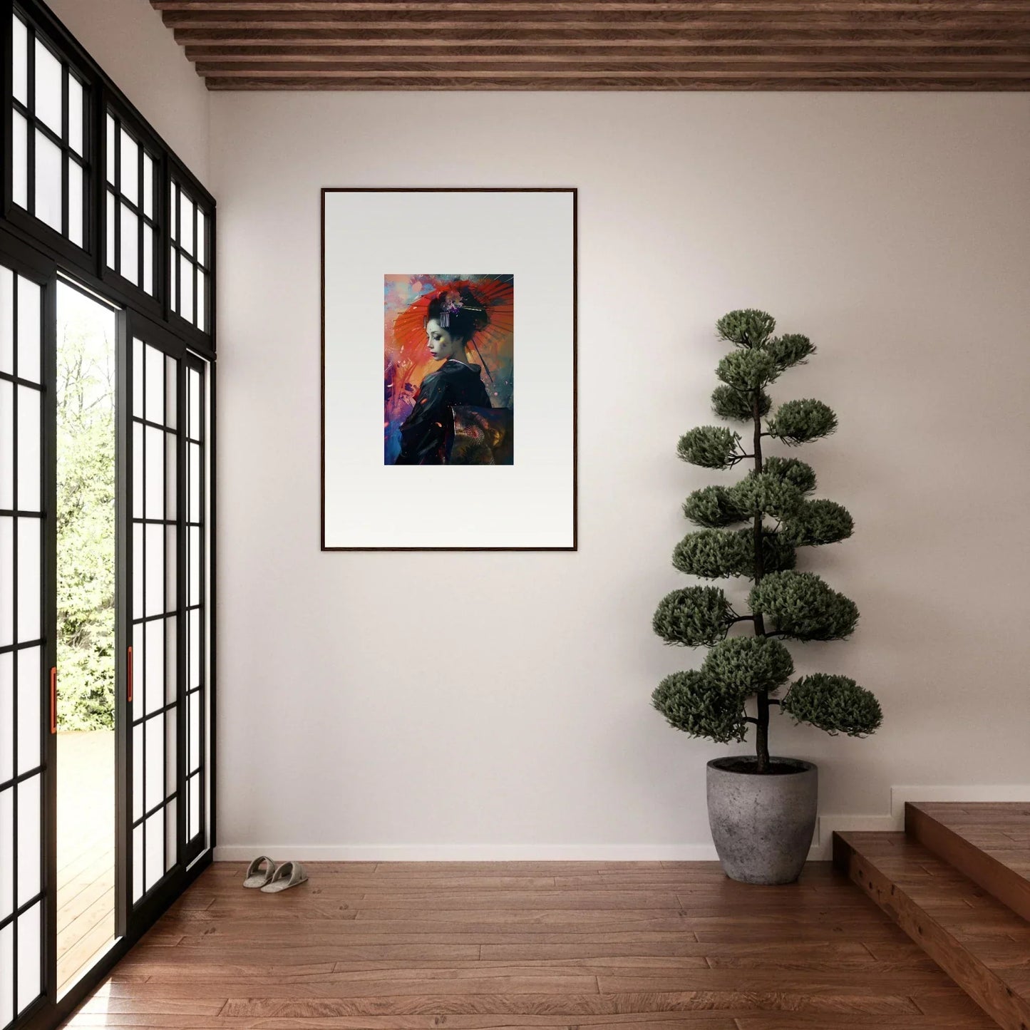 Framed abstract portrait painting in vibrant colors for trendy room decoration, Umbrella Dreams